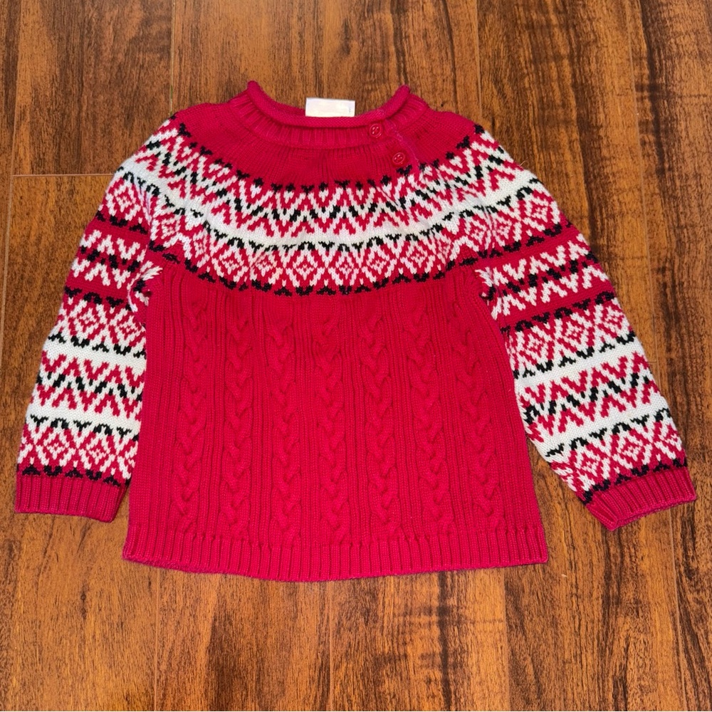 Hanna Andersson Red Fair Isle Sweater 90 Size 3 Nordic Knit Cotton Roll Neck